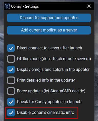 Disabling cinematic intro in Conay